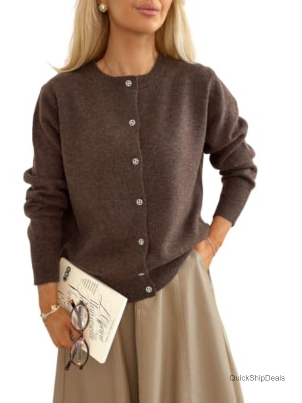 Long Sleeve Crewneck Button Down Knit Cardigan Sweater